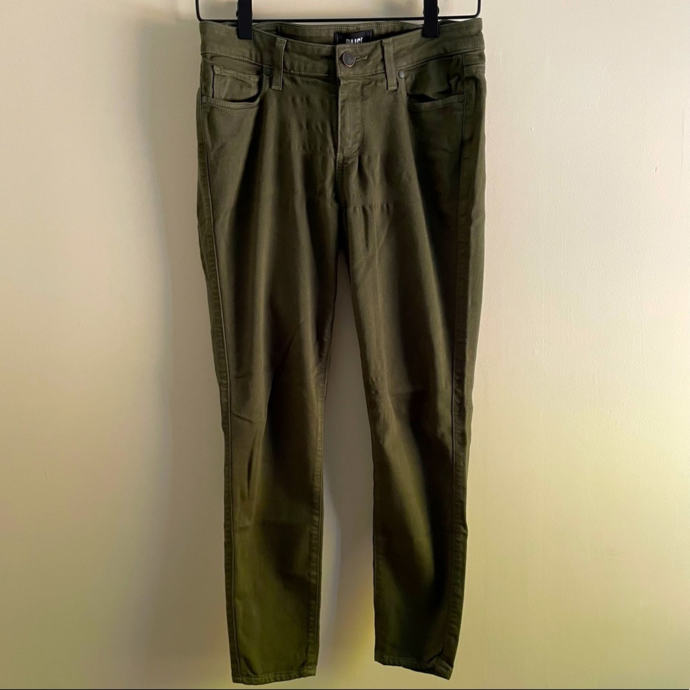 PAIGE women’s Vertugo Jeans in Deep Olive.